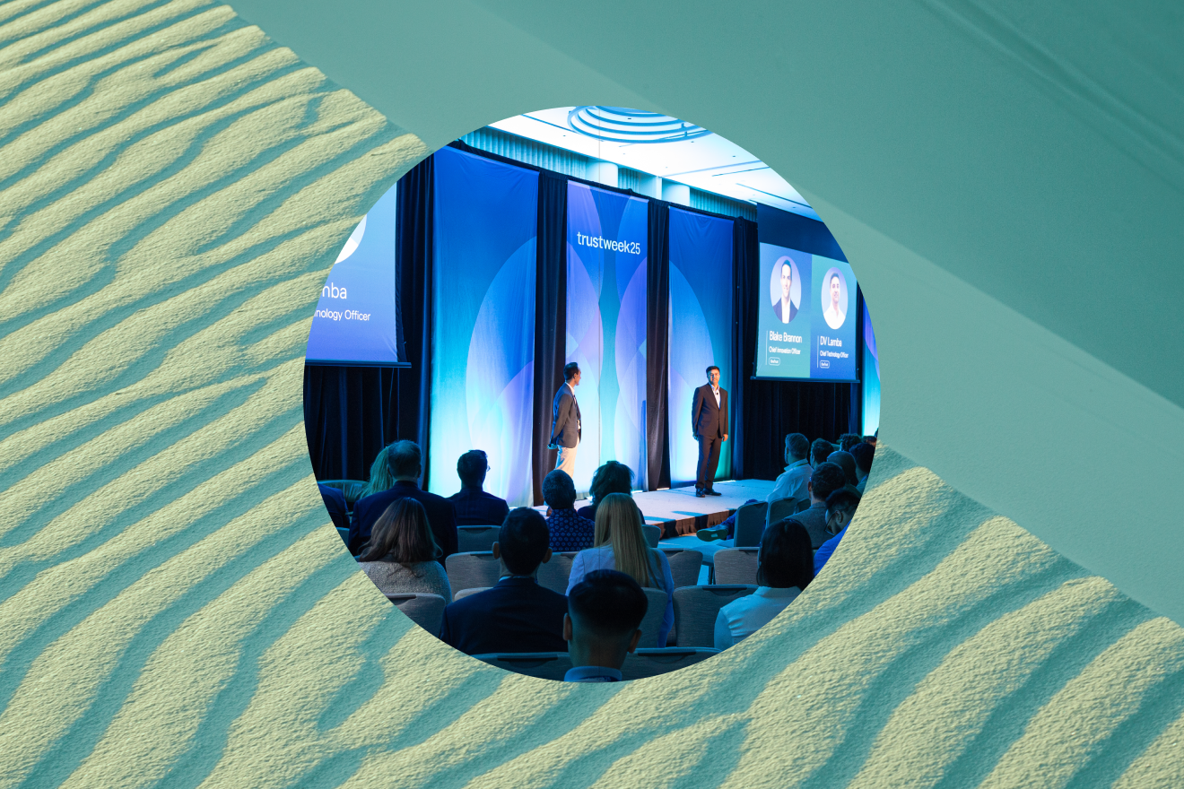 TrustWeek presentation within a circle on top of a TrustWeek branded abstract background 
