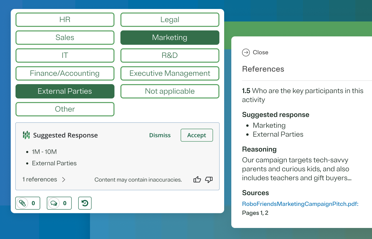 Graphic depicting the questionnaire response widget of AI inventory Analysis capability in OneTrust platform